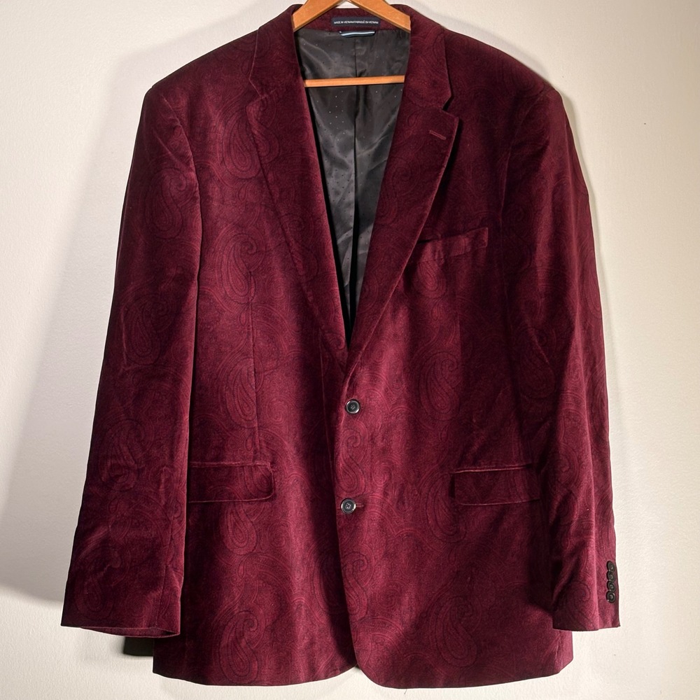 Tommy Hilfiger Mens Burgundy Velvet Paisley Blazer Sport Coat Jacket Burgundy